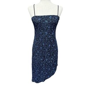 Status Collection Y2K 90s Asymmetric Midi Dress Large Navy Sparkle Strech Prom
